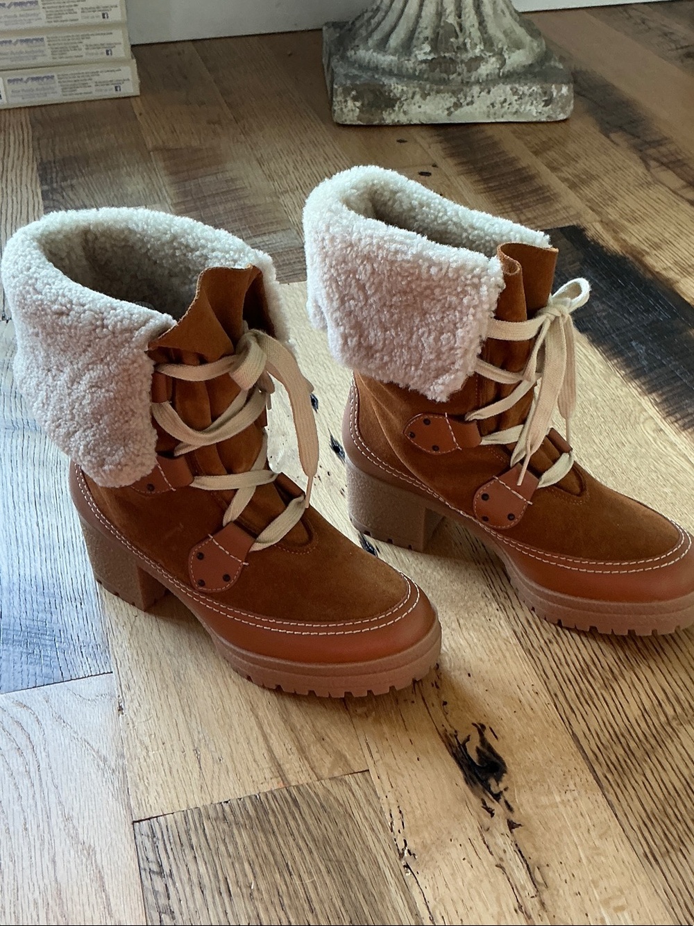See By Chloe Tan Suede Sherpa Cuff Lug Heel Boots